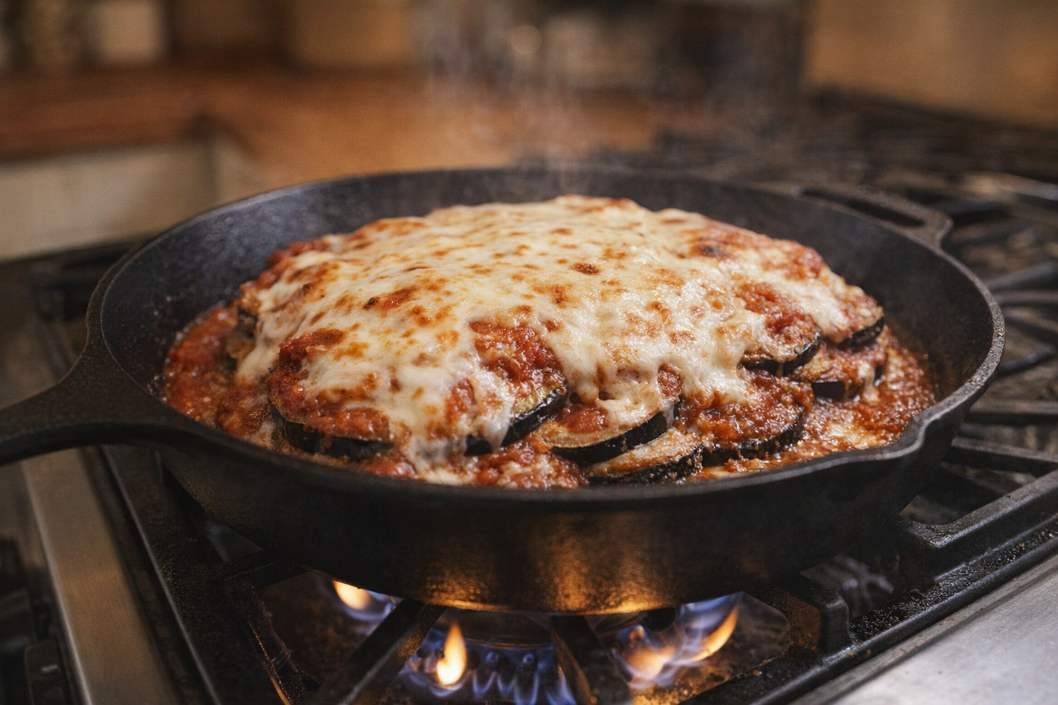 An eye-level, close-up shot of eggplant parmesan cooking in a cast iron skillet on the stove. The eggplant is layered with marinara sauce and melted mozzarella cheese. The skillet is on a gas burner, and the flames are visible, warm kitchen lighting